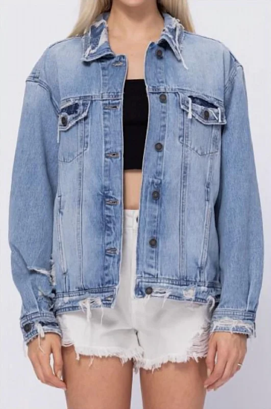 Women's bomber jackets with a holographic finish for a futuristic and eye - catching look Women's Distressed Bandana Oversized Denim Jacket In Light Wash Women's bomber jackets with a holographic finish for a futuristic and eye - catching look Women's Distressed Bandana Oversized Denim Jacket In Light Wash