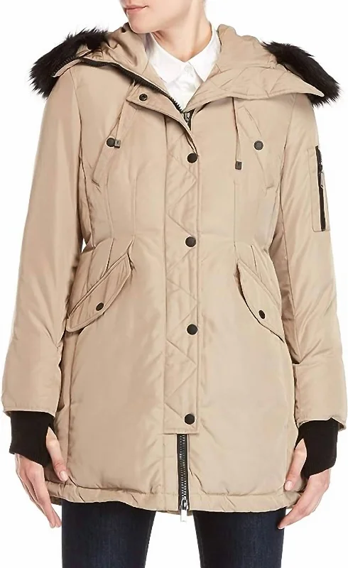 down coat with detachable fur trim​ Women's Down Puffer Coat Hooded In Beige