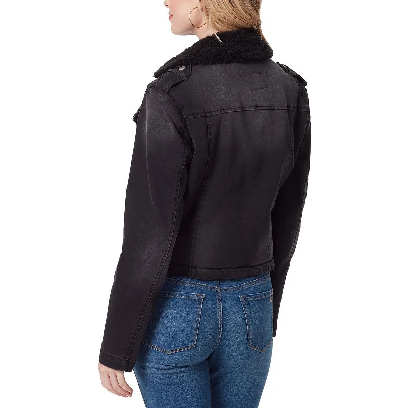 Women's denim jackets with a patchwork design for a bohemian and artsy style Womens Faux Fur Trim Moto Denim Jacket Women's denim jackets with a patchwork design for a bohemian and artsy style Womens Faux Fur Trim Moto Denim Jacket