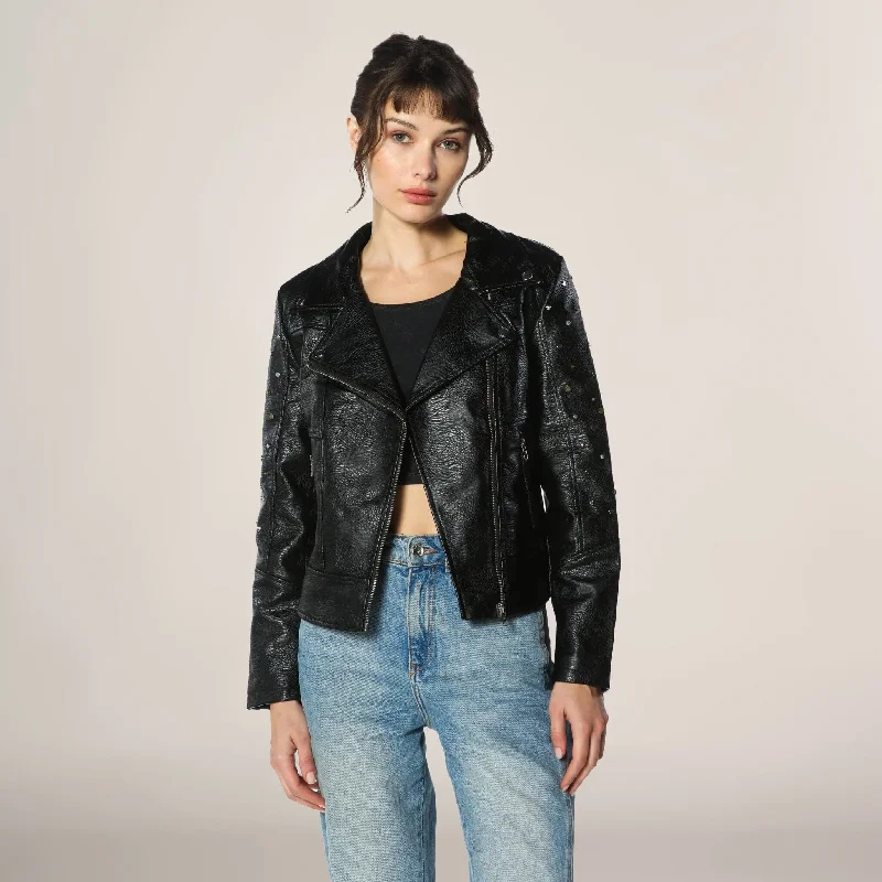 Women's leather leather off - the - shoulder dresses Women's Faux Leather Studded Biker Jacket