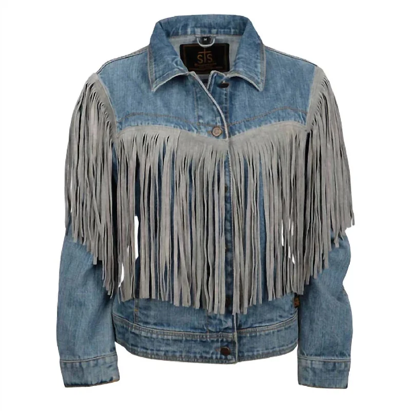 Distressed Denim Top for a Trendy and Edgy Look Women's Gretchen Denim Fringe Jacket In Medium Wash Denim Distressed Denim Top for a Trendy and Edgy Look Women's Gretchen Denim Fringe Jacket In Medium Wash Denim