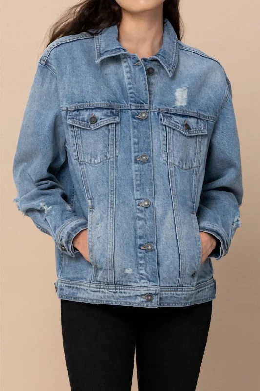 Women's moto jackets with a lace - up front for a unique and stylish touch Women's Risa Oversized Denim Jacket In Light Blue Women's moto jackets with a lace - up front for a unique and stylish touch Women's Risa Oversized Denim Jacket In Light Blue
