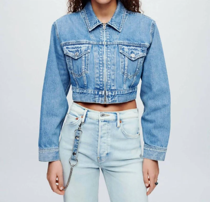 Embroidered Denim Top with Intricate Patterns Zip Front Denim Trucker In Stoney River Embroidered Denim Top with Intricate Patterns Zip Front Denim Trucker In Stoney River