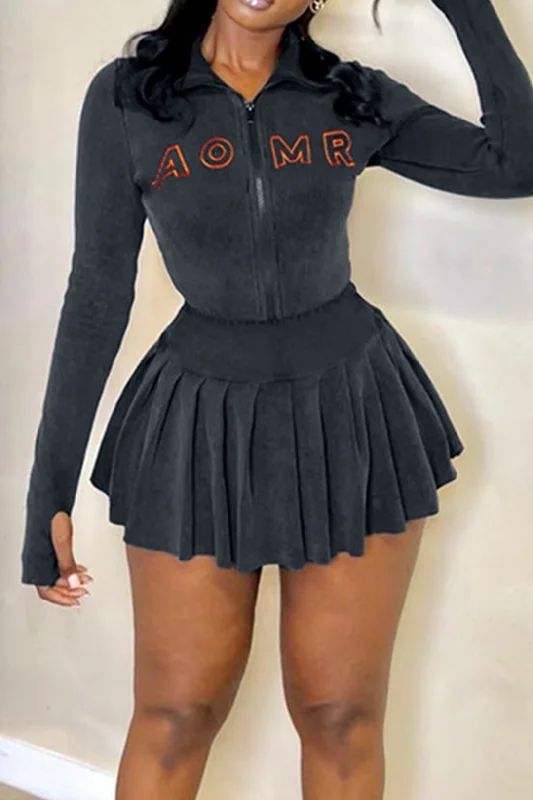 Skirts for a girls' night out Letter Embroidered Rib Knit Stand Collar Zipper Crop Cardigan And Pleated Mini Skirt Set Skirts for a girls' night out Letter Embroidered Rib Knit Stand Collar Zipper Crop Cardigan And Pleated Mini Skirt Set