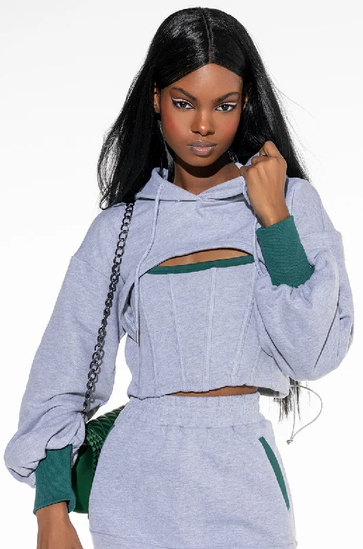 Women's oversized cropped hoodie with drawstrings for a trendy look BEAM ME UP CORSET DETAIL CUTOUT SWEATSHIRT Women's oversized cropped hoodie with drawstrings for a trendy look BEAM ME UP CORSET DETAIL CUTOUT SWEATSHIRT