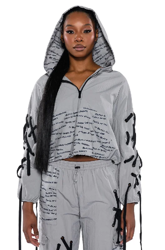 Women's tie - front hoodie in a lightweight fabric for summer layering BLACK VILLAGE FOUNDATION LOGO LACE DETAIL SWEATSHIRT