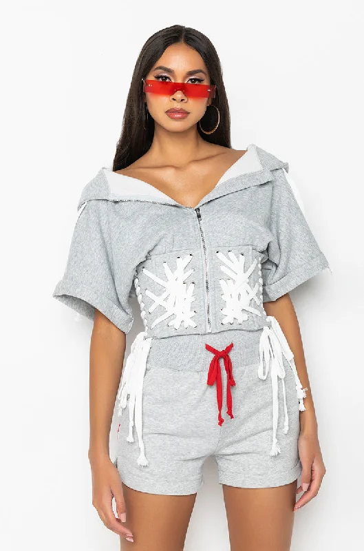 Women's pullover hoodie with a side slit for a modern and relaxed fit GIVE A LITTLE MORE LACE UP SWEATSHIRT Women's pullover hoodie with a side slit for a modern and relaxed fit GIVE A LITTLE MORE LACE UP SWEATSHIRT