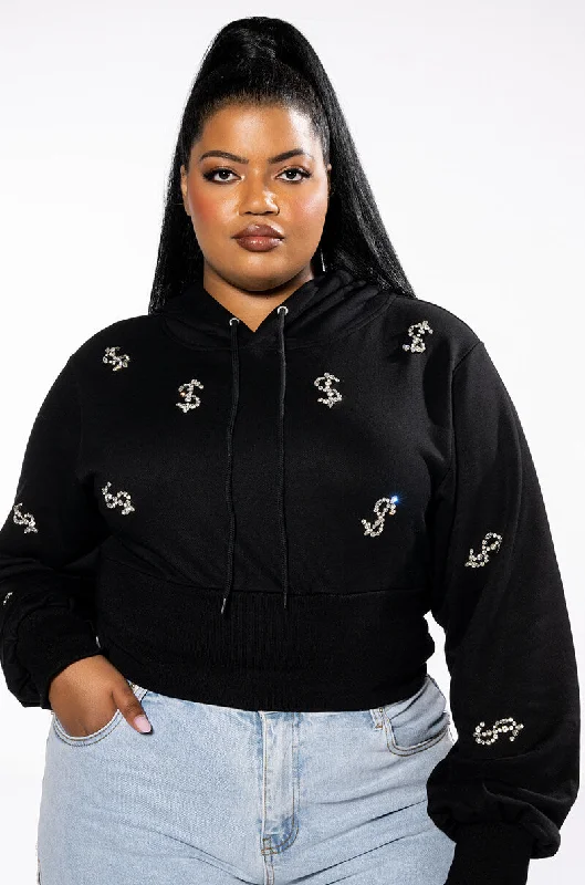 Women's hoodie with a detachable hood for customizable styling PLUS DOLLARS ON MY MIND RHINESTONE SWEATSHIRT Women's hoodie with a detachable hood for customizable styling PLUS DOLLARS ON MY MIND RHINESTONE SWEATSHIRT