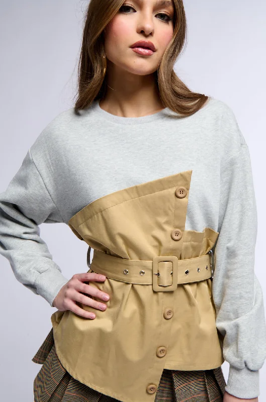 Women's long - sleeve cropped sweatshirt with ribbed cuffs for a snug fit READY FOR ACTION BELTED MIXED MATERIAL SWEATSHIRT