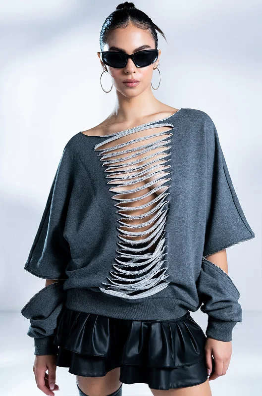 Women's pullover hoodie with a side slit for a modern and relaxed fit SPOTLIGHT SHREDDED ZIP SLEEVE SWEATSHIRT Women's pullover hoodie with a side slit for a modern and relaxed fit SPOTLIGHT SHREDDED ZIP SLEEVE SWEATSHIRT
