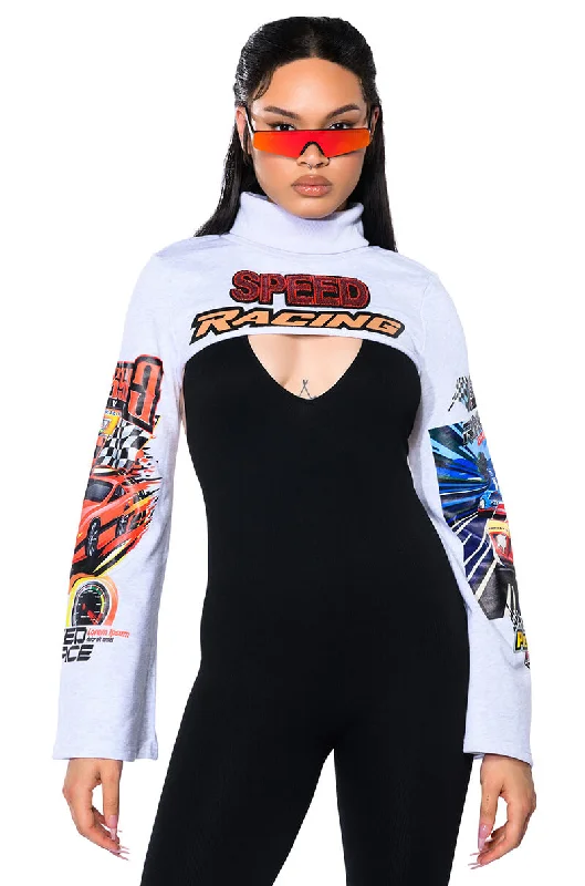 Women's zip - front sweatshirt with contrast stitching for a sporty aesthetic TO THE RACES ULTRA CROP TURTLENECK SWEATSHIRT