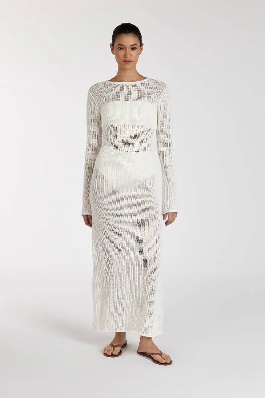 Belted Women's Cotton Blend Sweater Dresses for a Casual Look MARGOT OFF WHITE CREW NECK MIDI DRESS