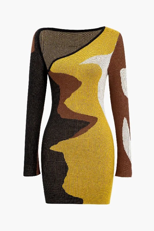 Plus Size Women's Fit - and - Flare Sweater Dresses with Ruffled Hem Contrast Print Sweater Asymmetrical Long Sleeve Dress