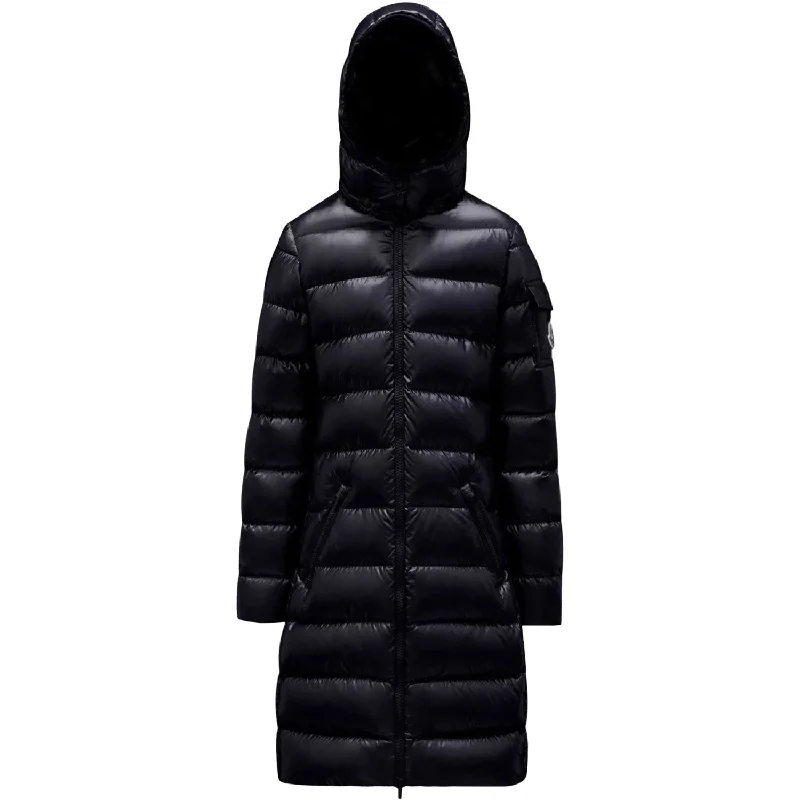Women's faux fur trimmed puffer winter coats​ Moncler Navy Moka Long Coat