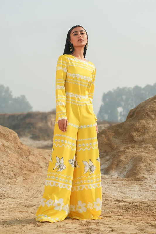 Sheer women jumpsuits with lace panels for a romantic and sexy style Baurai Jumpsuit - Yellow Sheer women jumpsuits with lace panels for a romantic and sexy style Baurai Jumpsuit - Yellow