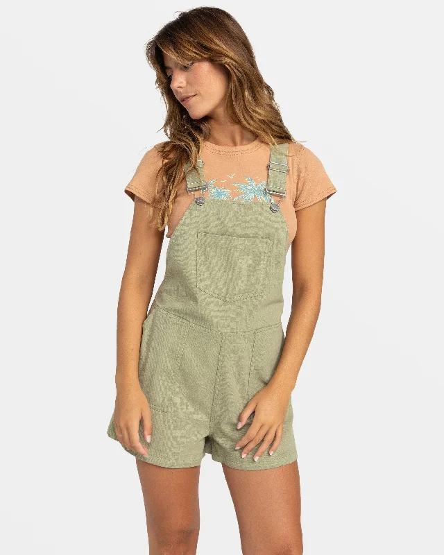 Women jumpsuits with gathered pants for a voluminous and elegant look Crystal Coast Short Overall - Oil Green Women jumpsuits with gathered pants for a voluminous and elegant look Crystal Coast Short Overall - Oil Green