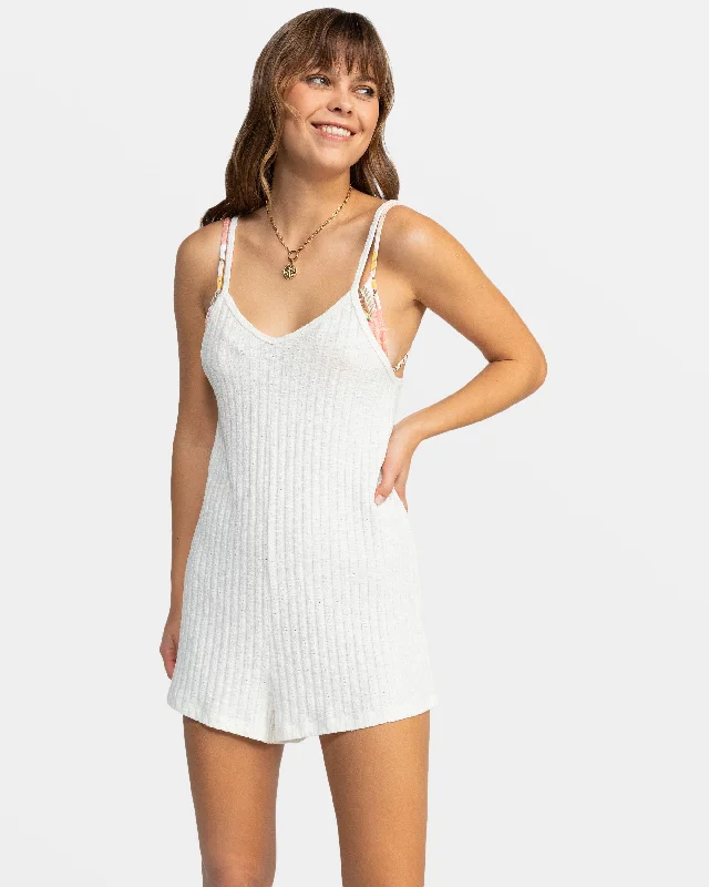 Women jumpsuits with off - the - shoulder tops for a flirty and stylish look On Our Way V- Neck Romper - Egret Women jumpsuits with off - the - shoulder tops for a flirty and stylish look On Our Way V- Neck Romper - Egret