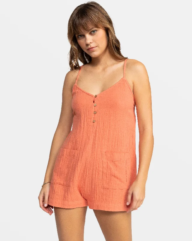 Women jumpsuits with a cinched waist for a defined silhouette Sunshine Haze V- Neck Romper - Apricot Brandy Women jumpsuits with a cinched waist for a defined silhouette Sunshine Haze V- Neck Romper - Apricot Brandy