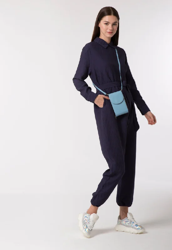 Women jumpsuits with asymmetric hems on the pants for a fashion - forward and dynamic look Textured Navy Jumpsuit Women jumpsuits with asymmetric hems on the pants for a fashion - forward and dynamic look Textured Navy Jumpsuit