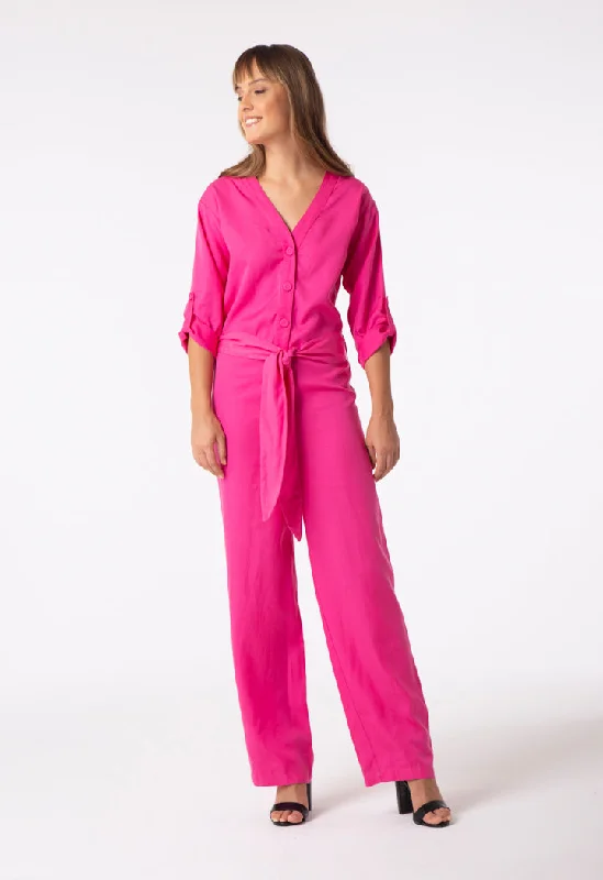 Floral print women jumpsuits for spring garden parties V Neck Button Front Jumpsuit