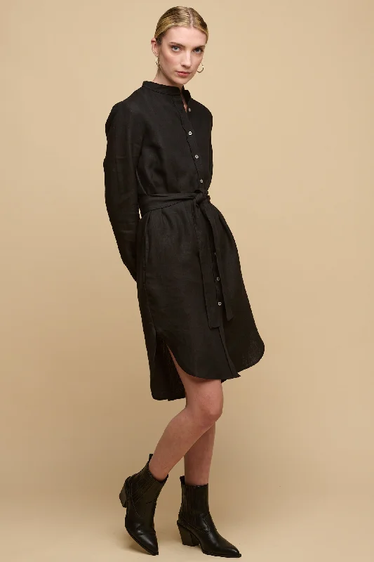 Women jumpsuits with a wrap - around design for a flattering fit Women's Collarless Shirt Dress - Black Linen Women jumpsuits with a wrap - around design for a flattering fit Women's Collarless Shirt Dress - Black Linen