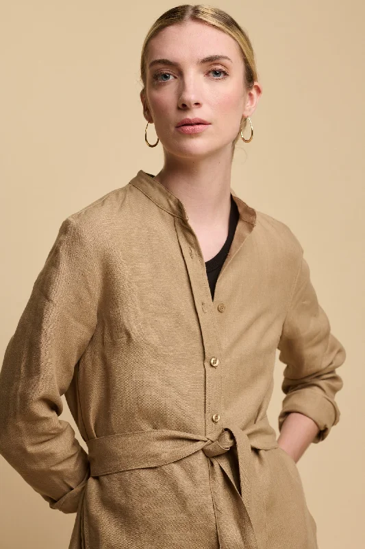 Women jumpsuits with tiered pants for added volume and style Women's Collarless Shirt Dress - Truffle Linen Women jumpsuits with tiered pants for added volume and style Women's Collarless Shirt Dress - Truffle Linen