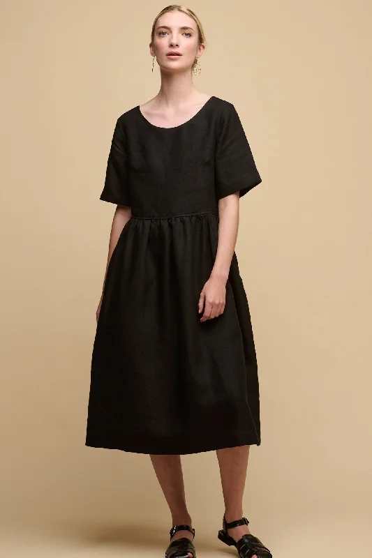 Women jumpsuits with high - low hems for a modern and fashion - forward style Women's Crew Neck Gathered Dress - Black Linen Women jumpsuits with high - low hems for a modern and fashion - forward style Women's Crew Neck Gathered Dress - Black Linen