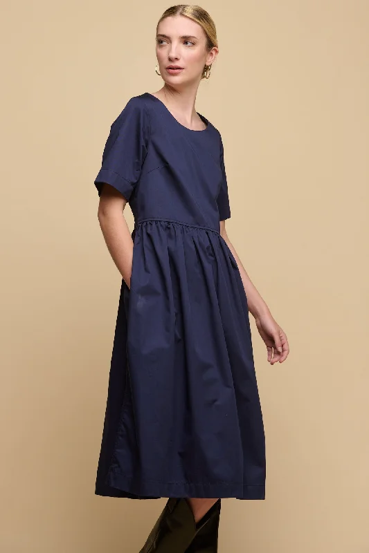 Women jumpsuits with asymmetric hems on the pants for a fashion - forward and dynamic look Women's Crew Neck Gathered Dress - Navy Women jumpsuits with asymmetric hems on the pants for a fashion - forward and dynamic look Women's Crew Neck Gathered Dress - Navy