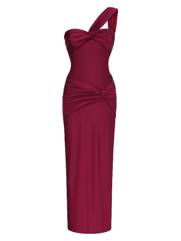 Strapless Women Dress with a Built - in Bra for Comfort and Support Strapless Women Dress with a Built - in Bra for Comfort and Support 1930s Solid One Shoulder Twisted Ruched Maxi Dress