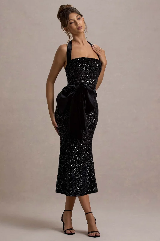 Off - the - Shoulder Women Dress for a Romantic and Feminine Look Off - the - Shoulder Women Dress for a Romantic and Feminine Look Adee | Black Sequin Velvet Halter-Neck Midi Dress With Bow Off - the - Shoulder Women Dress for a Romantic and Feminine Look Off - the - Shoulder Women Dress for a Romantic and Feminine Look Adee | Black Sequin Velvet Halter-Neck Midi Dress With Bow