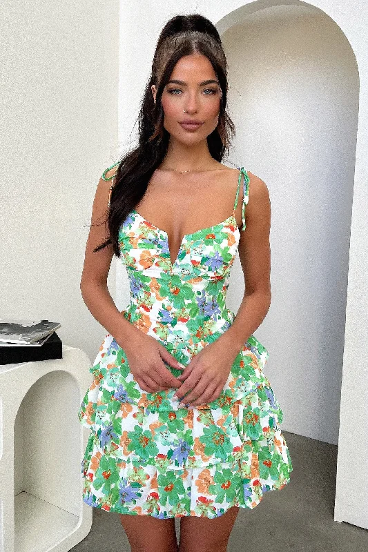 Ruffled Women Dress with Multiple Layers for a Playful and Girly Style Ruffled Women Dress with Multiple Layers for a Playful and Girly Style Astrid Dress - Green Floral Ruffled Women Dress with Multiple Layers for a Playful and Girly Style Ruffled Women Dress with Multiple Layers for a Playful and Girly Style Astrid Dress - Green Floral
