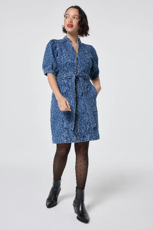 Wrap - Style Women Dress with Adjustable Fit for All Body Types Wrap - Style Women Dress with Adjustable Fit for All Body Types Authentic Indigo Leopard Zip Detail Short Denim Dress
