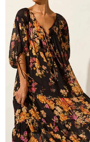 Wrap - Style Women Dress with Adjustable Fit for All Body Types Wrap - Style Women Dress with Adjustable Fit for All Body Types Autumn Black Floral Mid Sleeve Maxi Dress