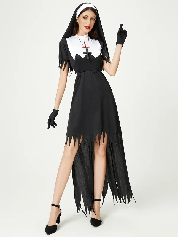 Ruffled Women Dress with Multiple Layers for a Playful and Girly Style Ruffled Women Dress with Multiple Layers for a Playful and Girly Style Black 1980s Cross Patchwork Dress & Nun Veil & Gloves