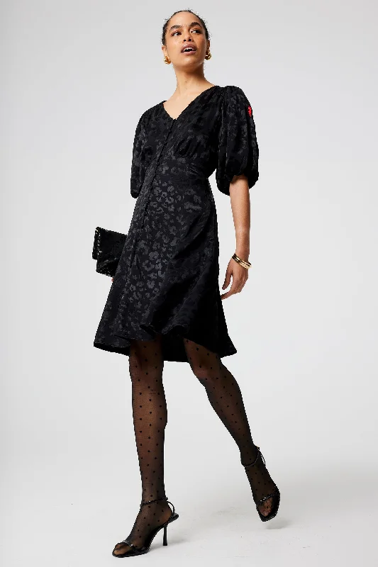 Off - the - Shoulder Women Dress for a Romantic and Feminine Look Off - the - Shoulder Women Dress for a Romantic and Feminine Look Black Jacquard Leopard Puff Sleeve Short Tea Dress