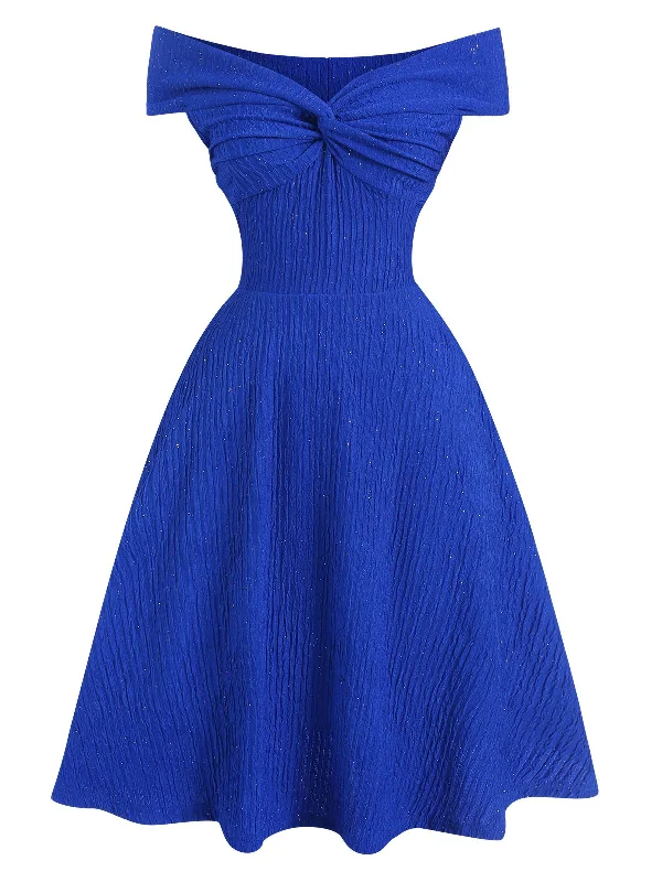 Wrap - Style Women Dress with Adjustable Fit for All Body Types Wrap - Style Women Dress with Adjustable Fit for All Body Types Blue 1950s Solid Off-Shoulder Dress Wrap - Style Women Dress with Adjustable Fit for All Body Types Wrap - Style Women Dress with Adjustable Fit for All Body Types Blue 1950s Solid Off-Shoulder Dress