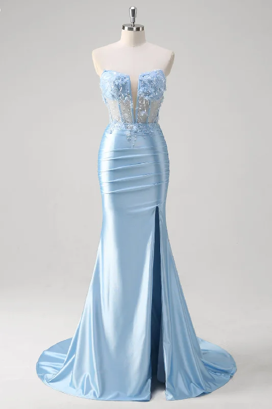 Mermaid - Style Women Dress with a Fitted Silhouette for Special Occasions Mermaid - Style Women Dress with a Fitted Silhouette for Special Occasions Blue Mermaid Floral Strapless Corset Long Prom Dress With Slit Mermaid - Style Women Dress with a Fitted Silhouette for Special Occasions Mermaid - Style Women Dress with a Fitted Silhouette for Special Occasions Blue Mermaid Floral Strapless Corset Long Prom Dress With Slit