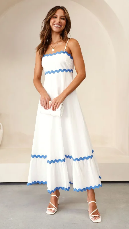 Halter Neck Women Dress to Show Off the Shoulders and Neckline Halter Neck Women Dress to Show Off the Shoulders and Neckline Brodey Midi Dress - White / Blue Halter Neck Women Dress to Show Off the Shoulders and Neckline Halter Neck Women Dress to Show Off the Shoulders and Neckline Brodey Midi Dress - White / Blue