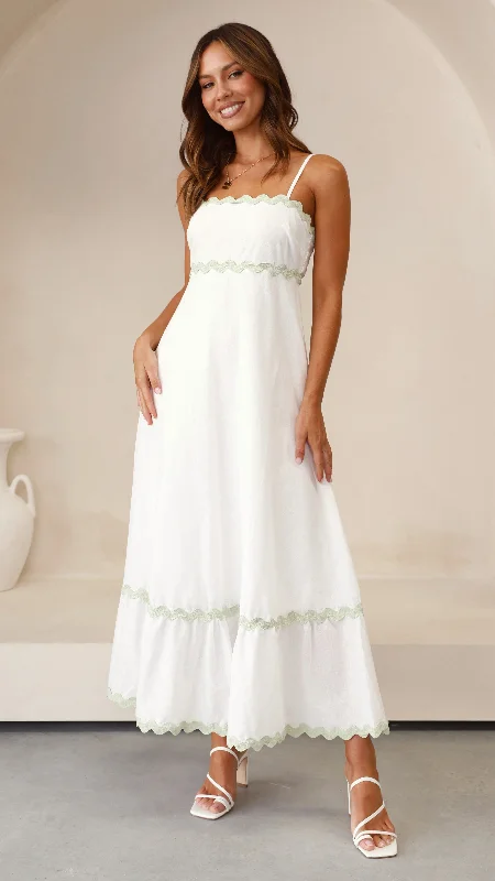Strapless Women Dress with a Built - in Bra for Comfort and Support Strapless Women Dress with a Built - in Bra for Comfort and Support Brodey Midi Dress - White / Sage Strapless Women Dress with a Built - in Bra for Comfort and Support Strapless Women Dress with a Built - in Bra for Comfort and Support Brodey Midi Dress - White / Sage