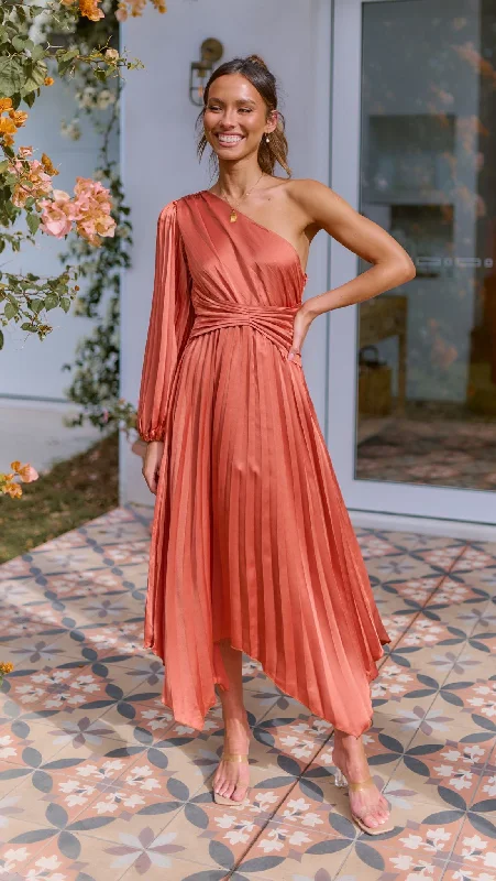 Long - Sleeve Women Dress in Velvet for a Luxurious Winter Look Long - Sleeve Women Dress in Velvet for a Luxurious Winter Look Brooklyn One Shoulder Midi Dress - Copper