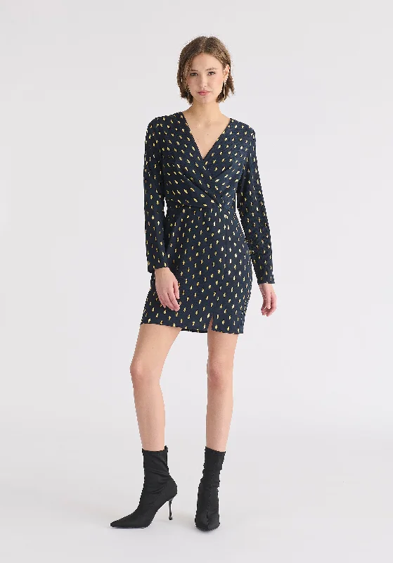 Wrap - Style Women Dress with Adjustable Fit for All Body Types Wrap - Style Women Dress with Adjustable Fit for All Body Types Gold Foil Print Mini Wrap Dress with Slit Wrap - Style Women Dress with Adjustable Fit for All Body Types Wrap - Style Women Dress with Adjustable Fit for All Body Types Gold Foil Print Mini Wrap Dress with Slit