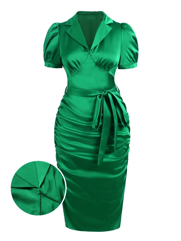 Printed Abstract Women Dress for a Modern and Artistic Appeal Printed Abstract Women Dress for a Modern and Artistic Appeal [Pre-Sale] Green 1960s Lapel Satin Puff Sleeve Belted Dress
