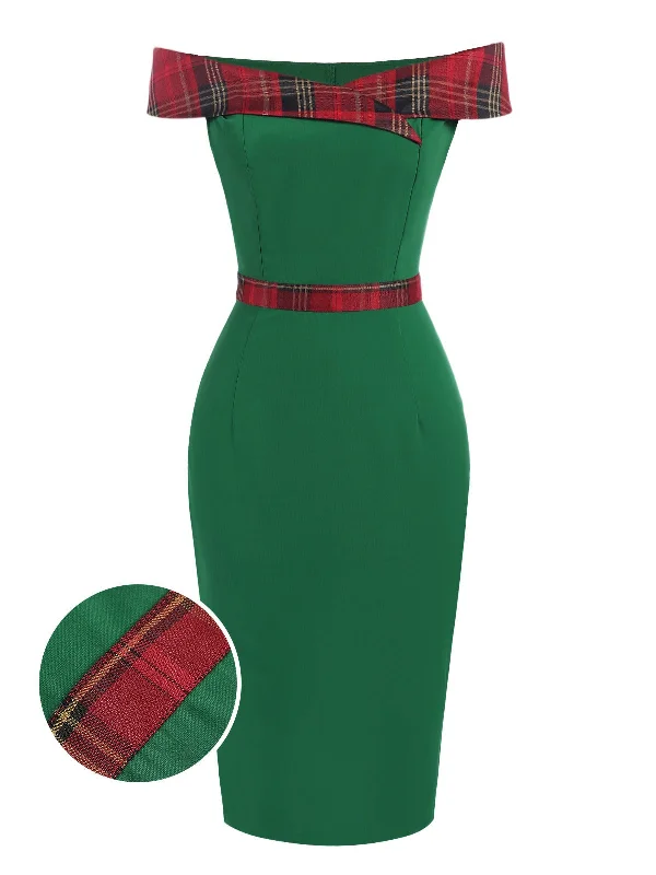 Strapless Women Dress with a Built - in Bra for Comfort and Support Strapless Women Dress with a Built - in Bra for Comfort and Support [Pre-Sale] Green 1960s Tartan Patchwork Off-Shoulder Dress