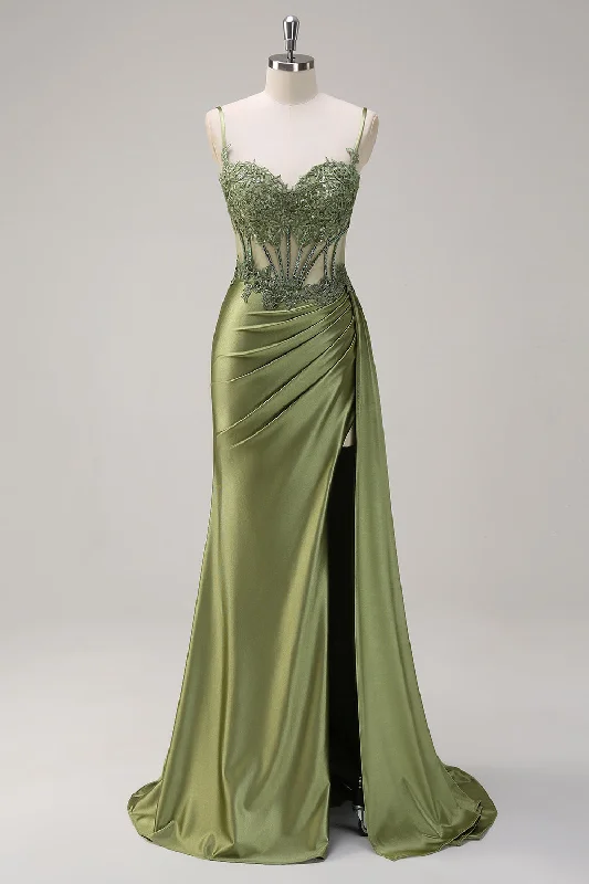 Mermaid - Style Women Dress with a Fitted Silhouette for Special Occasions Mermaid - Style Women Dress with a Fitted Silhouette for Special Occasions Green Mermaid Spaghetti Straps Pleated Long Corset Satin Prom Dress With Slit Mermaid - Style Women Dress with a Fitted Silhouette for Special Occasions Mermaid - Style Women Dress with a Fitted Silhouette for Special Occasions Green Mermaid Spaghetti Straps Pleated Long Corset Satin Prom Dress With Slit