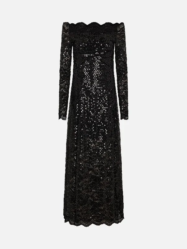 Ball Gown Women Dress with a Full Skirt for a Princess - like Look Ball Gown Women Dress with a Full Skirt for a Princess - like Look Off Shoulder Sequin Lace Dress in Black