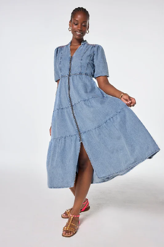 Sheath Women Dress with a Tailored Fit for a Professional Look Sheath Women Dress with a Tailored Fit for a Professional Look Pale Indigo Zip Detail Tiered Midi Denim Dress
