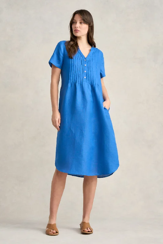 Pleated Women Dress with a Timeless and Elegant Texture Pleated Women Dress with a Timeless and Elegant Texture Pleated Front French Linen Dress - Indigo Blue Pleated Women Dress with a Timeless and Elegant Texture Pleated Women Dress with a Timeless and Elegant Texture Pleated Front French Linen Dress - Indigo Blue