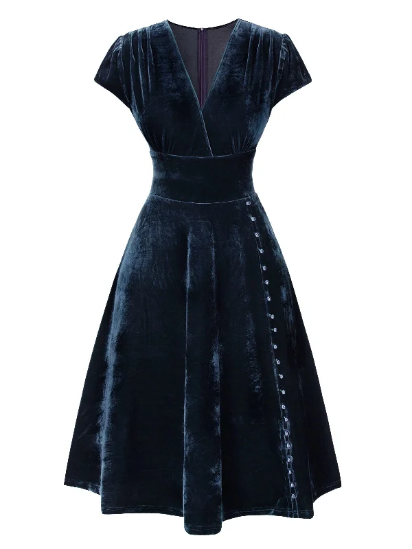 Shift Women Dress with a Simple and Classic Design for Everyday Wear Shift Women Dress with a Simple and Classic Design for Everyday Wear [Pre-Sale] Blue 1940s Deep V-Neck Pearl Velvet Dress