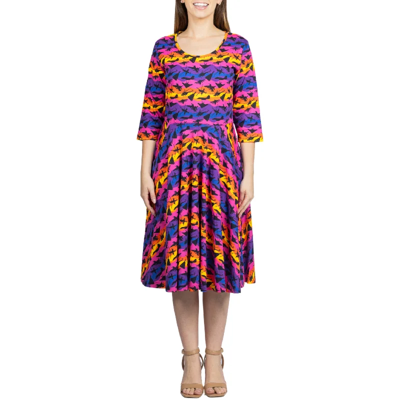 Pleated Women Dress with a Timeless and Elegant Texture Pleated Women Dress with a Timeless and Elegant Texture Rainbow & Airplanes 3/4th Sleeves Twirl Dress