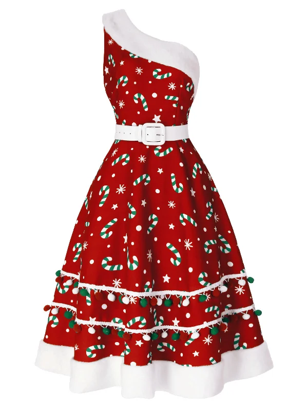 Wrap - Style Women Dress with Adjustable Fit for All Body Types Wrap - Style Women Dress with Adjustable Fit for All Body Types [Pre-Sale] Red 1950s Candy Cane One-Shoulder Dress